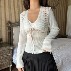 Pydshop 2024 Fashion Woman tops y2k style White Buttons Hollow Out Knit Sweater