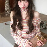 Pydshop American Retro Stripes Scarf Tops Mujer Y2k Sexy Off Shoulder T-shirt for Women 2024 Early Autumn New All-match Tee Shirt