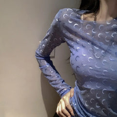 Pydshop Fashion Moon See Through Mesh Bottoming T-shirts 2024 Summer Sexy Slim Fit Tops Women Y2k Grunge Long Sleeve Black Tee Shirt