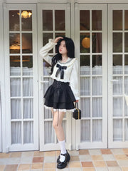 Pydshop Kawaii Sailor Collar Bow Fungus Long Sleeve Tops Women+ Y2k E-Girl High Waist Lace Black Skirts Summer Sweet Two Piece Sets