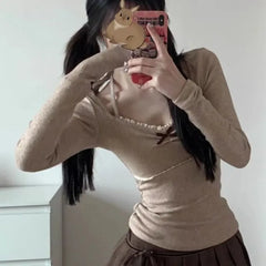 Pydshop American Retro Lace Halter T-shirt for Women Early Autumn New Bottoming Tops Mujer Y2k E-Girl Slim Fit Long Sleeve Tee Shirt