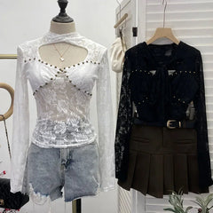 Pydshop Women's Retro Lace Ribbon Hollow Out Long Sleeve Top Sexy Slim Fitting Bottoming Shirt Y2K Palace Style Partyclub Streetwear