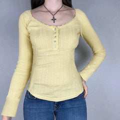 Pydshop 2024 Fashion Woman tops y2k style Yellow Bright Lace Trim Buttons Knit Top