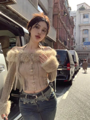 Pydshop Fluffy Patchwork Halter Slash Neck T-shirts Autumn Winter New Knitted Tops Women Y2k E-Girl Slim Fit Long Sleeve Tee Shirt