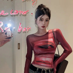 Pydshop 2024 Spring New O-neck Slim Fit Thin Tee Shirt Mesh Sun Protection Tops Women Y2k E-Girl Long Sleeve Bottoming T-shrits