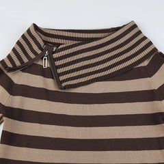 Pydshop 2024 Fashion Woman tops y2k style Vintage Brown Stripe Zipper Off Shoulder Sweater