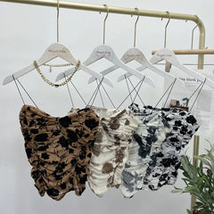 Pydshop Women Retro Tie Dye Printed Spaghetti Strap Camisole Sexy Mesh Pleated Short Tube Top With Breast Pads Sleeveless Casual Y2K Top