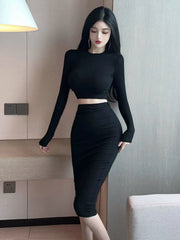 Pydshop 2024 Sexy Spicy Girl Bold Hollow Out Elegant Fashion Gentle Skirt Set Short Long Sleeve Top High Waist Skirt Set Female AIWB