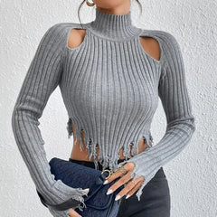 Pydshop Knitted Sweater Women High Collar Long Sleeve Worn Sexy Hollow Out Pullover Spring High Street Navel Y2K Sweaathers Tops