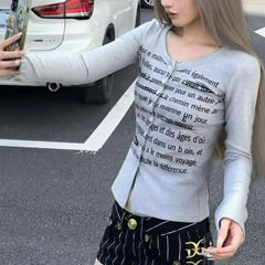 Pydshop American Retro Letter Print Thin Cardigan Y2k E-Girl O-neck Single Breasted Tops Women 2024 New Long Sleeve Gray Sweaters