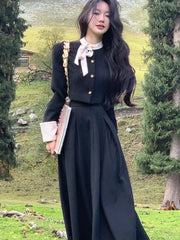 Pydshop Korean Style Two Piece Set Women Spring Autumn Trend Long Sleve Lace Up Single Breasted top + A-Line Midi Skirt Fashion Female