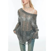 Pydshop American Street Hole Hollow Out Sweaters Fashion Sexy Off Shoulder Knitted Tops 2024 New Long Sleeve Loose Pullover Mujer