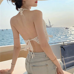 Pydshop Women Summer Short Vest Sexy Hollow Out Plain White Halter Vest Strap Crop Tops Crochet Bikini Tank Tops Shirt Hot Tank Top