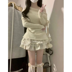 Pydshop Spring Autumn New Slash Neck Slim Fit Knitted Tops Women+ Y2k High Waist Lace Ruched Cake Skirts All-match Two Piece Sets
