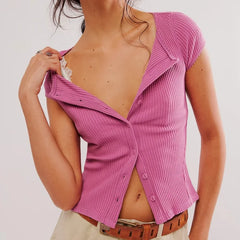 Pydshop Women Button Up Ribbed Kint Sweater Picot Trim Cap Short Sleeve Shirt Slim Fit Open Front Casual Cardigan Tops