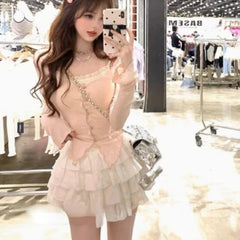 Pydshop Sweet Gentle Long Sleeve Cardigan Tops Women Sexy Slim Fit Camisole+ High Waist Ruched Cake Skirts 2024 New Three Piece Sets