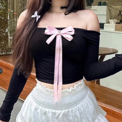 Pydshop 2024 Fashion Woman tops y2k style Sweet Off Shoulder Bow Crop Top