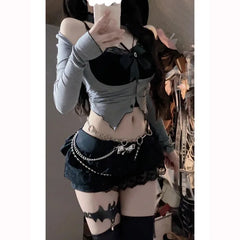 Pydshop Fashion Fake Two Piece Slim Fit Long Sleeve Tops Women+ Y2k High Waist Lace Bodycon Skirts 2024 Summer New Sets