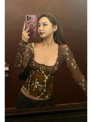 Pydshop 2024 Summer Sexy Square Collar T-shirts Fashion Vintage Flower Print Tops Women Y2k E-Girl Slim Fit Long Sleeve Tee Shirt