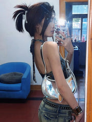 Pydshop American Street Print Sexy Halter Camisole Y2k E-Girl Irregular Slim Fit Crop Top Vest Women 2024 Summer New Sleeveless Tops