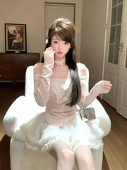 Pydshop Sweet Butterfly Off Shoulder Long Sleeve Tops Women+ High Waist Ruched Fungus Cake Skirts 2024 Summer New Two Piece Sets