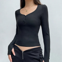 Pydshop 2024 Fashion Woman tops y2k style Casual V Neck Long Sleeve Buttons Top