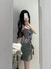 Pydshop American Retro Butterfly Print Layered Tank Top 2024 Summer New Sleeveless Tops Y2k Irregular Slim Fit Vest Two Piece Sets