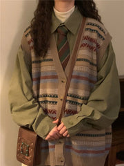 Pydshop Autumn Vintage Lazy V-neck Sweater Vest Korean Fashion Loose Knitted Cardigan Y2k E-Girl Slim Fit Sleeveless Tops Women