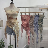 Pydshop Women's Tie Dye Ruffled Ribbon Mesh Tube Top Irregular Mesh Sleeveless Tube Top Sexy Backless Vest Party Leisure Essential Y2K