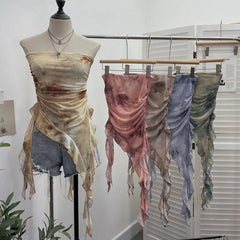 Pydshop Women's Tie Dye Ruffled Ribbon Mesh Tube Top Irregular Mesh Sleeveless Tube Top Sexy Backless Vest Party Leisure Essential Y2K