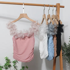 Pydshop Women's Retro Three Dimensional Floral One Shoulder Camisole Tube Top Sexy Pleated Mesh Short Slim Fit Sleeveless Top Outfits