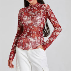 Pydshop Women Floral Print Mesh Top Long Sleeve Mock Neck See Through Tee Lettuce Trim Sheer Shirt Y2k Summer Blouse Top Streetwear