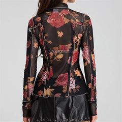 Pydshop Women Floral Print Mesh Top Long Sleeve Mock Neck See Through Tee Lettuce Trim Sheer Shirt Y2k Summer Blouse Top Streetwear