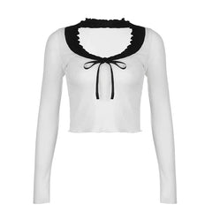 Pydshop 2024 Fashion Woman tops y2k style White Patched Slim Bow Long Sleeves Top