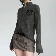 Pydshop 2024 Fashion Woman tops y2k style Vintage Brown Letter Zip Up Knitted Sweater