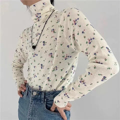 Pydshop Retro Floral Autumn Winter Basic Shirt Turtleneck T-shirt Long Sleeved Slim Top for Women Vintage Casual Tee Tops Elasticity