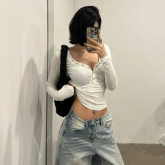 Pydshop American Fashion V-neck White Knitted T-shirts 2024 Summe New Bottoming Tops Y2k E-Girl Slim Fit Long Sleeve Tee Shirt