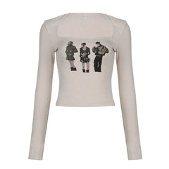 Pydshop 2024 Fashion Woman tops y2k style Skin Graphic Printing Square Neck Pullover Top