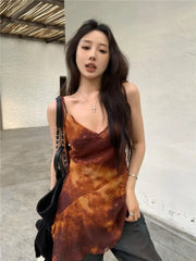 Pydshop American Retro Tie Dye Camisole Tank Top 2024 Summer New V-neck Vest for Women Y2k Irregular Slim Fit Sleeveless Tops Mujer