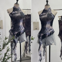 Pydshop Women Retro Tie Dye Printed Mesh Half Turtle Collar Ruffled Ribbon Tank Top Sexy Hot Girl Sleeveless Cropped Top Streetwear 6636