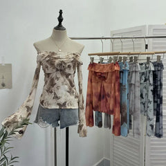 Pydshop Women's Retro Sfumato One Shoulder Flare Long Sleeve T-Shirt Chic Floral Bell Sleeve Off-The-Shoulder Mesh Top Blouse Club Wear