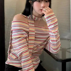 Pydshop American Retro Stripes Scarf Tops Mujer Y2k Sexy Off Shoulder T-shirt for Women 2024 Early Autumn New All-match Tee Shirt
