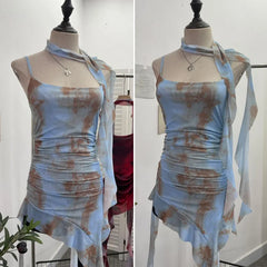 Pydshop Women's Spaghetti Strap Mesh Top Irregular Ruffled Ribbon Camisole Vest Sexy Hot Girl Y2K Tie Dye Pleated Slim Tube Top Casual