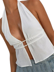 Pydshop Women's Halter Tank Tops Sleeveless Backless Split Front Ruched Drawstring Tops Y2k 2000s Clothes Streetwear