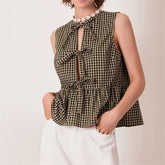 Pydshop 2000s Retro Plaids Bow Tied Front Bodydoll Tank Tops Women's Sleeveless Round Neck Ruffle Hem Vest Summer Stylish Tops