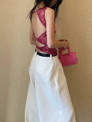 Pydshop 2024 Summer New Print Pink Vest Fot Women Sexy Slim Fit Hollow Out Tank Top Y2k E-Girl O-neck Sleeveless Camisole Tops