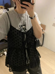 Pydshop 2024 Summer New Mesh Lace Up Camisole Mujer Sexy Loose Straight Vest for Women Y2k Fairycore Sleeveless Tank Top