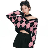 Pydshop American Sweet Black Pink Argyle V-neck Pullovers Autumn Winter New Sweaters Mujer Y2k Long Sleeve Loose Knitted Tops Women