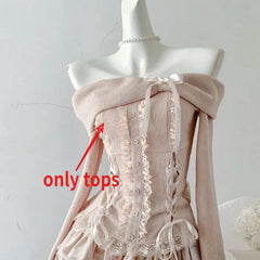Pydshop Fashion Sweet Bow Off Shoulder Long Sleeve Tops Women+ Y2k High Waist Ruched Cake Skirts 2024 Autumn New Two Piece Sets