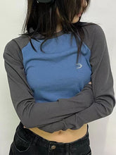 Pydshop American Retro Y2k T-shirt Women Vintage Embroidery Contrast Color Patchwork Tops Japanese Harajuku Slim O Neck Long Sleeve Tees